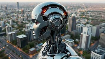 A futuristic robot stands atop a skyscraper overlooking a sprawling cityscape. The high-tech humanoid android embodies advanced robotics and artificial intelligence in a modern urban skyline setting video
