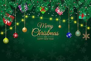 Christmas Greeting Card with Hanging Presents and Ornaments on a Green Background vector