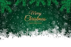 Green Christmas Greeting Card with Snowflakes and Pine Branches Background vector