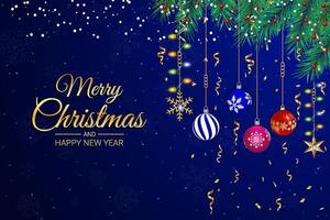 Elegant Christmas and New Year Greeting with Ornaments and Pine Branches on a Dark Blue Background vector