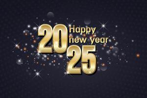 Elegant Happy New Year 2025 greeting with gold text and sparkling bokeh lights vector