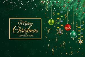 Christmas Greeting Card with Hanging Ornaments and Pine Branches on Dark Green Background vector