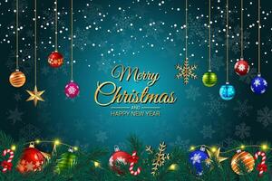 Elegant Christmas background with hanging ornaments and snowflakes on blue vector