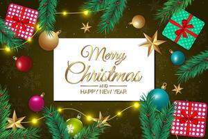 Christmas Card with Ornaments, Gifts, and Pine Branches on a Festive Green Background vector