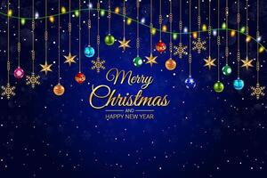 Festive Christmas Background with Colorful Baubles and Hanging Stars vector