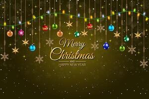 Elegant Christmas and New Year Background with Hanging Ornaments and Lights vector