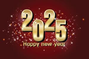 Golden 2025 Happy New Year greeting on a festive red background. vector