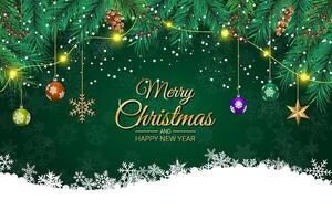 Christmas Greeting Card with Fir Garland and Ornaments on Green Background vector