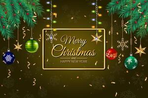Christmas Greeting Card with Pine Branches, Ornaments, and Festive Lights vector
