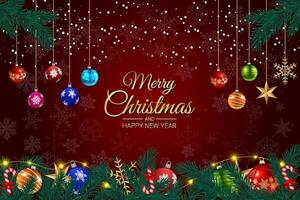Christmas and New Year Greeting Card with Colorful Baubles, Pine Branches, and Snowflakes on Red Background vector