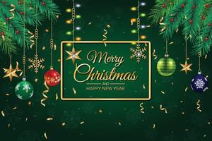 Elegant Christmas Card with Ornaments and Pine Branches on Dark Green Background vector