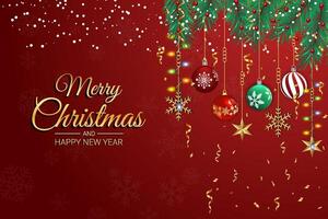 Elegant Red Christmas Background with Festive Baubles and Pine Branches vector