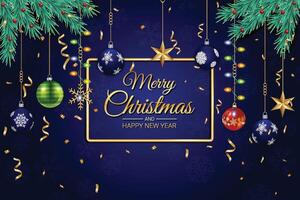 Festive Christmas and New Year Greeting with Ornaments and Gold Frame on Dark Blue Background vector