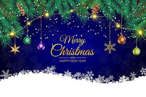 Festive Merry Christmas and Happy New Year Background with Pine Branches and Snowflakes vector
