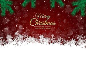 Christmas Greeting Card with Fir Branches and Snowflakes on Red Background vector