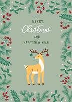 Flat style Christmas card featuring a charming reindeer with ornaments on its antlers, surrounded by festive greenery and berries. Perfect for holiday greetings and seasonal decorations. vector