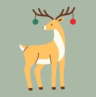 Flat style illustration of a Christmas reindeer with ornaments hanging from antlers. Perfect for holiday decor, greeting cards, and festive projects. Simple, charming, and warm holiday design. vector