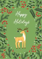 Festive flat style holiday card featuring a charming reindeer adorned with ornaments on a green background. Surrounded by holiday foliage like pine branches and holly, perfect for Christmas greetings. vector