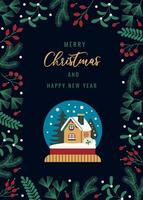 Elegant flat style Christmas card featuring a snow globe with a cozy house and pine trees. Dark background and greenery frame add a warm holiday touch. Perfect for Christmas and New Year greetings. vector