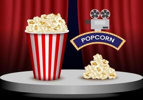 Realistic popcorn on stage with red curtains, popcorn concept in cinema and entertainment in cinema. 3D popcorn for Poster design, advertisement, web banner, billboard and etc. vector