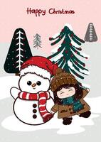 A little girl having fun with the snowman vector