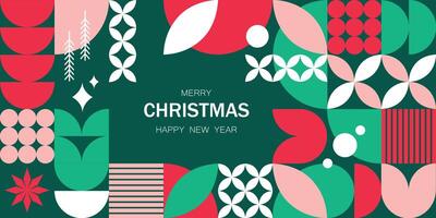 Christmas and New Year greeting card, horizontal banner, poster, flyer with geometric symbols. Abstract mosaic Christmas pattern. vector