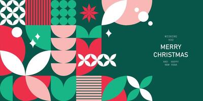 Christmas and New Year greeting card or horizontal banner with geometric symbols in an abstract mosaic pattern, perfect for festive designs. vector