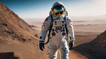 A lone astronaut stands on an alien desert landscape, surrounded by mountains and an expansive horizon. the journey of space exploration and the pursuit of interplanetary discovery. video