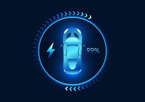 Electric Vehicle Technology The car screen shows the status of the battery charge, along with an arrow, indicating that the car is powered by electric power instead of gasoline. It is green energy. vector
