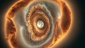A mesmerizing view of a full moon encircled by rotating clouds and cosmic dust. This celestial scene blends fantasy and astronomy, evoking mystery, beauty, and the vastness of the universe. video