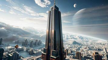 Futuristic skyscrapers amidst a high-tech cityscape with snow-capped mountains as a backdrop. A futuristic metropolis blends modern architecture and sci-fi design in a surreal winter landscape. video