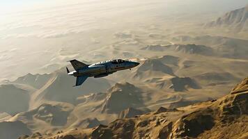 A fighter jet soaring over rugged desert mountains, capturing an aerial view of the dramatic landscape and high-altitude flight through the skies in a military aircraft. video
