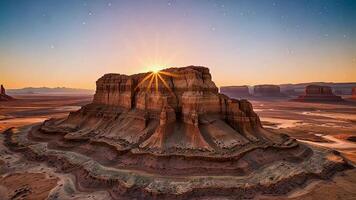 Stars fade as the sun rises over a mountainous landscape resembling Mars, creating a surreal blend of space and Earth-like beauty. The barren terrain and glowing sky evoke a sense of exploration. video