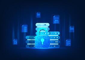Background of the technology server with a security system is a lock in front of the important document files. It is a storage of important information within the company via the Internet. vector