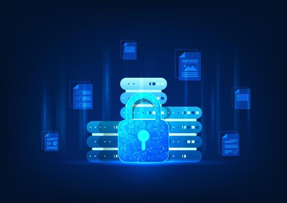 Background of the technology server with a security system is a lock in front of the important document files. It is a storage of important information within the company via the Internet.