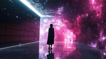 A woman in a long dress walks towards a glowing portal, embarking on a journey into a mysterious dimension video