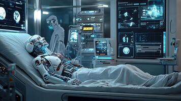 Robotic Patient Undergoing High-Tech Diagnostics in Sci-Fi Hospital Setting A Vision of Advanced Healthcare, AI Technology, and Digital Innovations in Medical Treatment. video