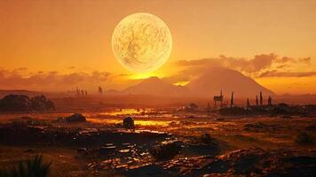 A panoramic view of an alien planet reveals a rugged landscape bathed in the golden light of a setting sun. video