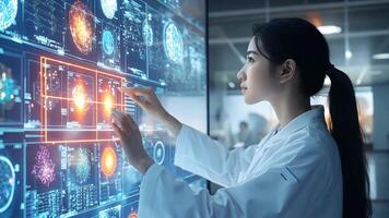 A focused Asian scientist analyzes data in a laboratory, contributing to advancements in medicine and healthcare video