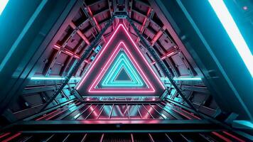 Futuristic spaceship corridor featuring a striking triangular shape, beautifully illuminated with blue and pink neon lights, captured in a cinematic zoom-in effect, perfect for sci-fi video