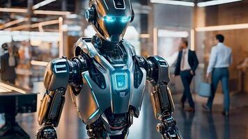 Futuristic humanoid robot in high-tech office, demonstrating advanced artificial intelligence and robotics that help in corporate environments. The future of business technology and work automation. video