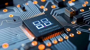 Close-up of an advanced semiconductor microchip and circuit board, illustrating the connection between hardware, data processing, and futuristic technology in the tech industry. video