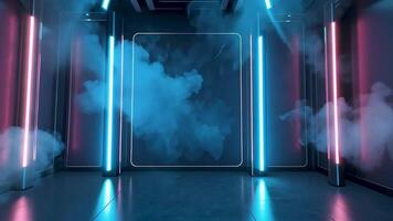 Futuristic square spaceship adorned with blue and pink neon lights, captured in a zoom-in effect, offering a cinematic and immersive look at the spacecraft for sci-fi, space exploration. video
