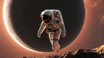 A lone astronaut drifts through space with a large planet in the background, representing the vastness of the universe and the quest for discovery. This image conveys exploration video
