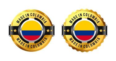 Made in Colombia icon a gold circle with a picture of a flag in the middle. For icon, logo, label, insigna, seal, tag, sign, seal, symbol, badge, stamp, sticker, emblem, banner. Illustration vector
