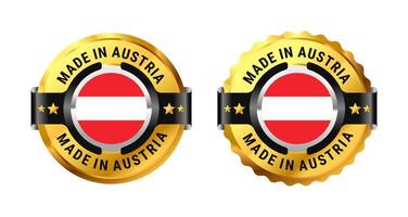 Made in Austria icon a gold circle with a picture of a flag in the middle. For icon, logo, label, insigna, seal, tag, sign, seal, symbol, badge, stamp, sticker, emblem, banner. Illustration vector