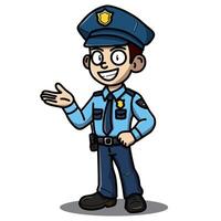 A cheerful cartoon illustration of a police officer in uniform, smiling and gesturing with one hand. Ideal for security, law enforcement, or community service themes with a friendly vibes. vector