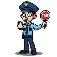 Cartoon policeman character holding a stop sign and raising his hand, signaling to halt. Dressed in a blue uniform with a badge and cap, conveying authority and attentiveness. Ideal for safety themes. vector