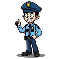 Cartoon policeman character giving a thumbs-up, dressed in a blue uniform with a cap and badge, expressing friendliness and trustworthiness. Perfect for safety, law enforcement, and community themes. vector