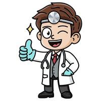 Smiling cartoon doctor character giving a thumbs up and winking. Wearing a white coat with stethoscope, head mirror, and gloves, conveying a friendly and professional vibe. Ideal for medical themes. vector